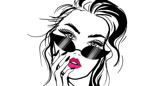 Black and white drawing of a woman wearing sunglasses with her hand to her face