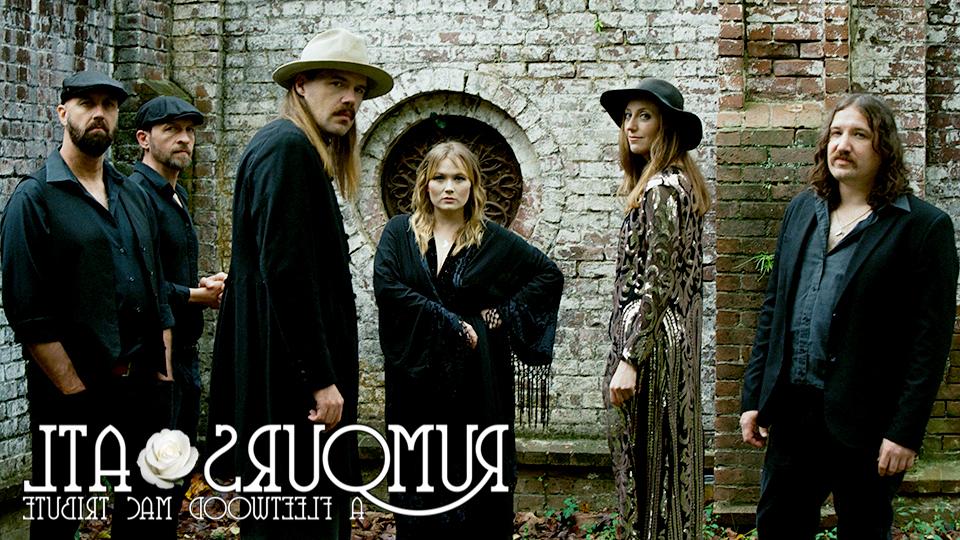 a picture of the Fleetwood Mac tribute band in front of a cityscape with the words Rumours
