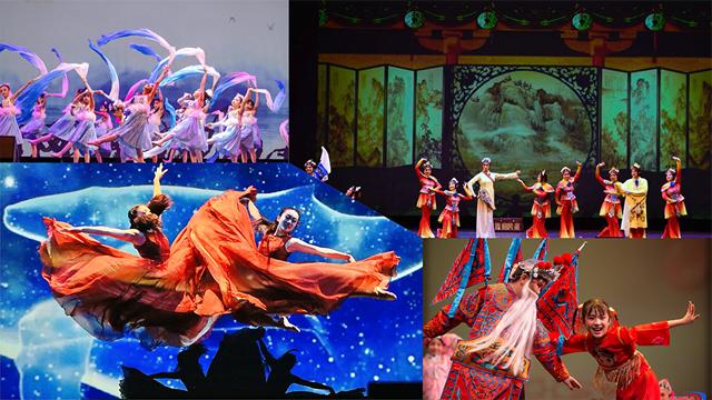 舞台上穿着传统服装跳舞的中国表演者的拼贴照片
